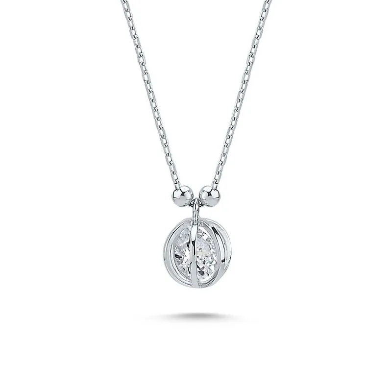 Amorium Jewelry Dainty Silver Necklace with CZ Crystal Pendant, close-up of sparkly crystal pendant on delicate chain