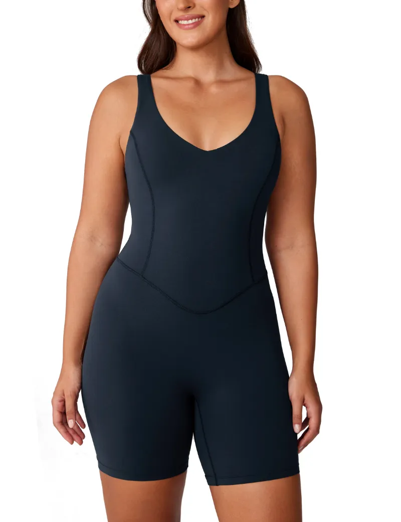 Essenther Global Hugcurve V Neck Workout Romper with seamless 6 inch shorts and removable pads