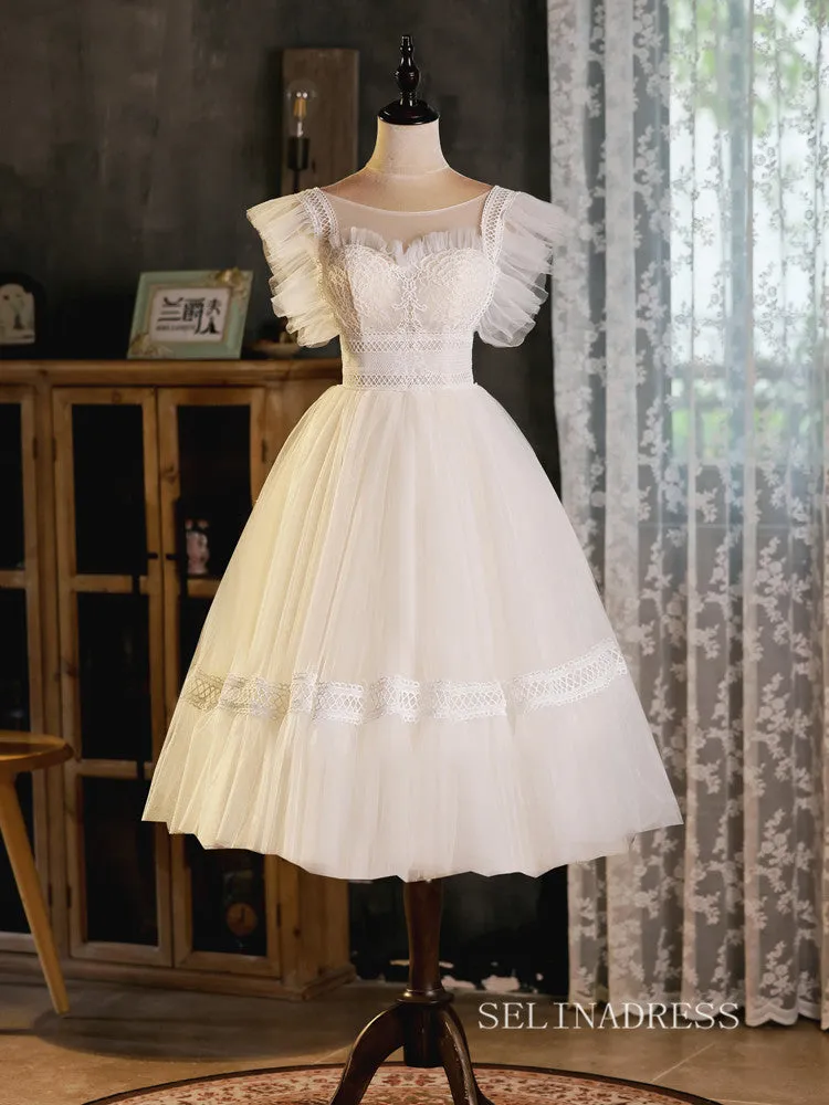 Selinadress A-line Bateau Cute Homecoming Dress White Short Prom Dresses, white tulle dress with lace-up back