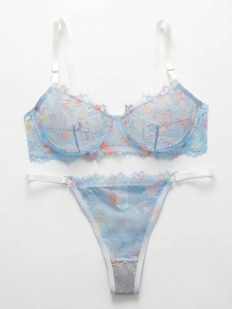 Cottagecore Clothes Ethereal Lace Set showing sheer blue floral lace lingerie with multicolour print