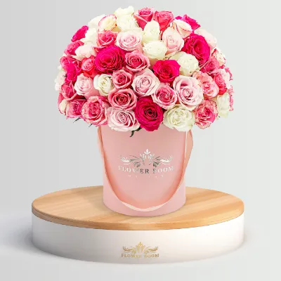 Flower Boom Dallas Colors on arrangement with 50 fresh colorful roses in dome shape
