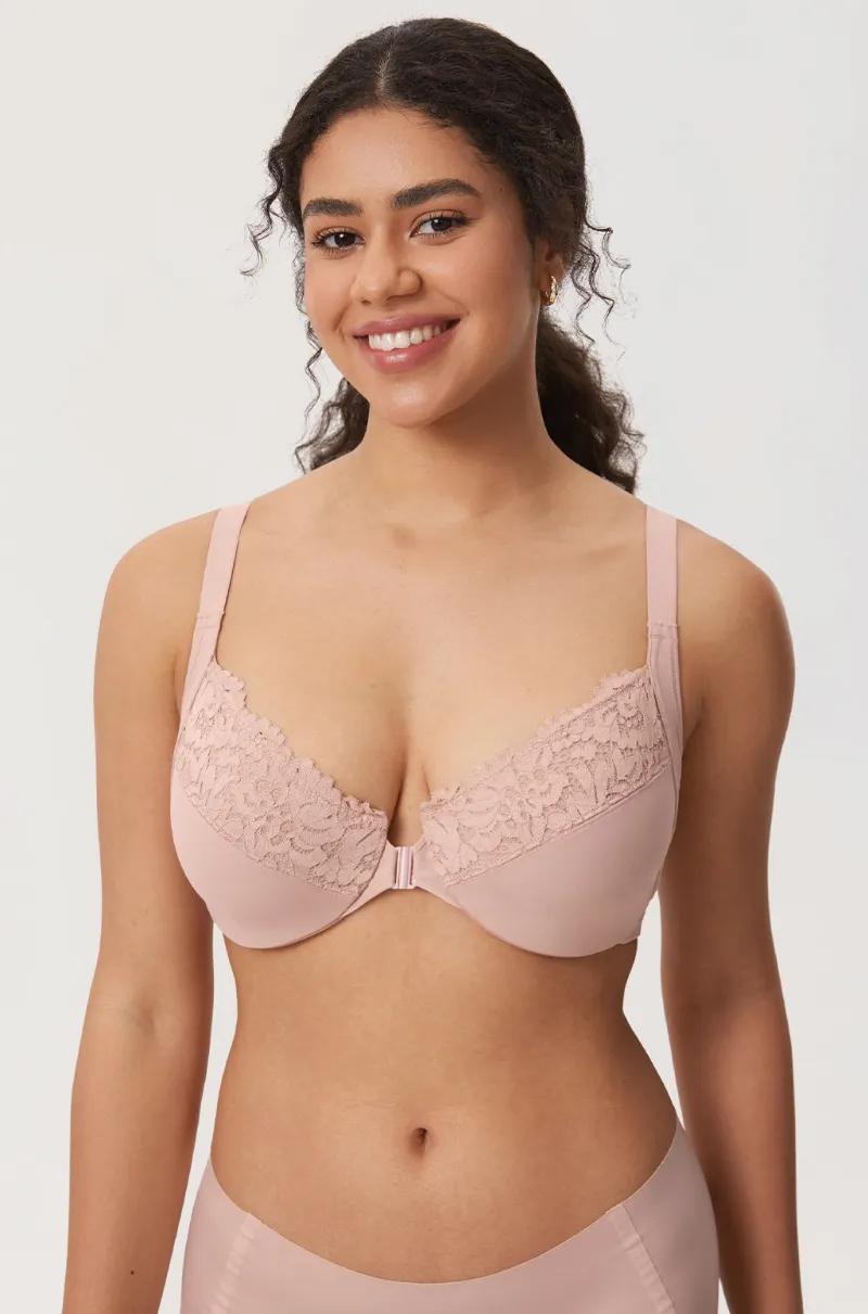Essenther Global Lace Front Closure Posture Bra with X-back design and front clasp closure