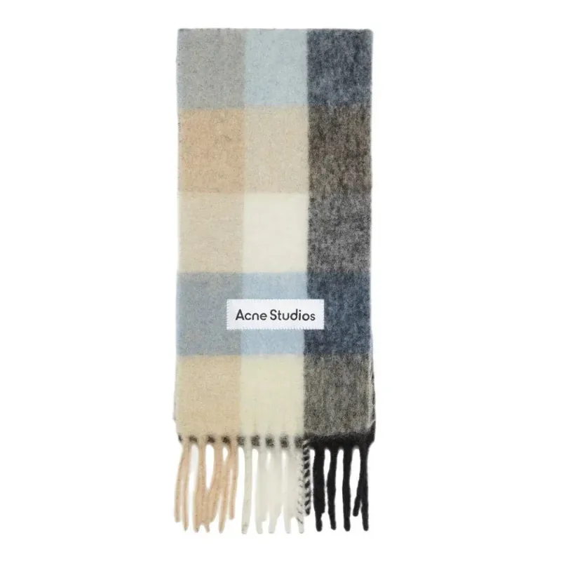 AfewVibe Acne Studios Mohair Checked Scarf Blue Beige Black, oversized checked scarf with fringe