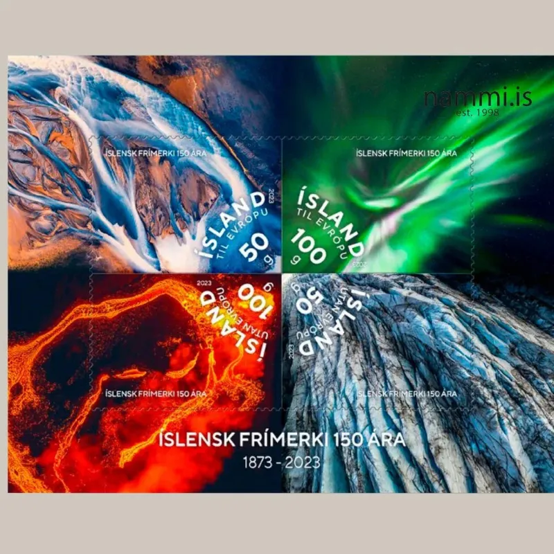 Nammi 150 Year of Icelandic Stamp special issue showing sheet of four stamps with Icelandic nature scenes