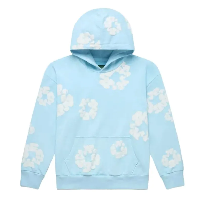 AfewVibe Denim Tears The Cotton Wreath Sweatshirt Powder Blue, light blue crewneck with dimensional wreath graphic