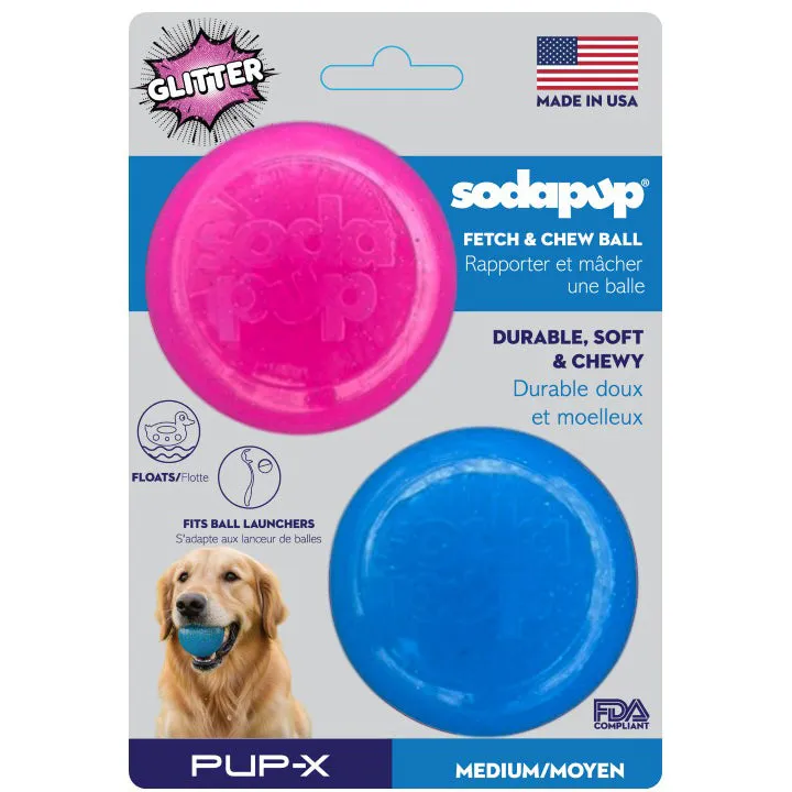 Soda Pup Pink and Blue Glitter Ball 2-Pack, two soft rubber glitter fetch balls that float