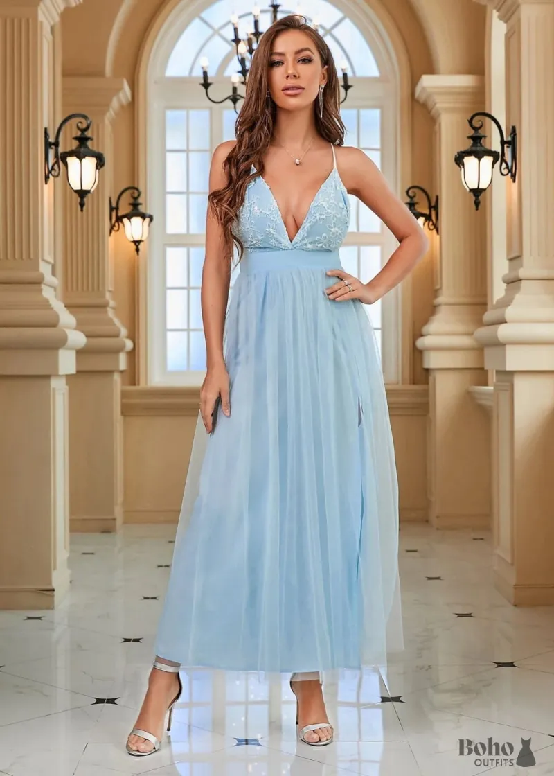 Boho Dress Boho Blue Backless Split Thigh Mesh Maxi Dress, a baby blue sleeveless maxi with criss-cross back detail