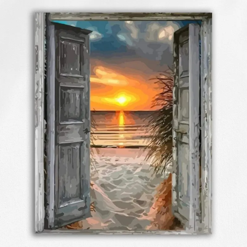 Maikoo Art beach door Paint by Numbers kit showing coastal doorway scene