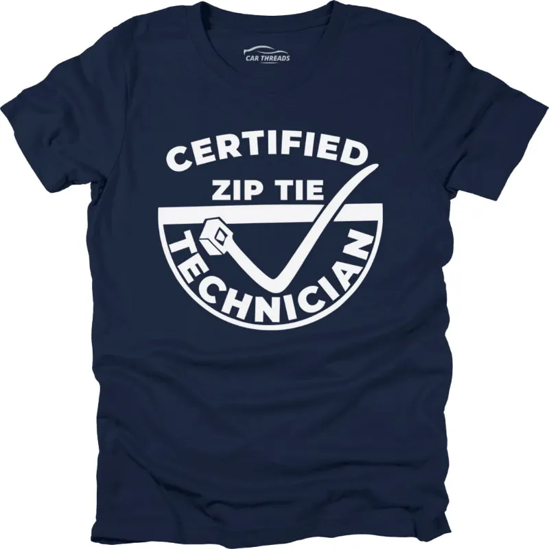 Car Threads Certified Zip Tie Technician t-shirt on a plain background