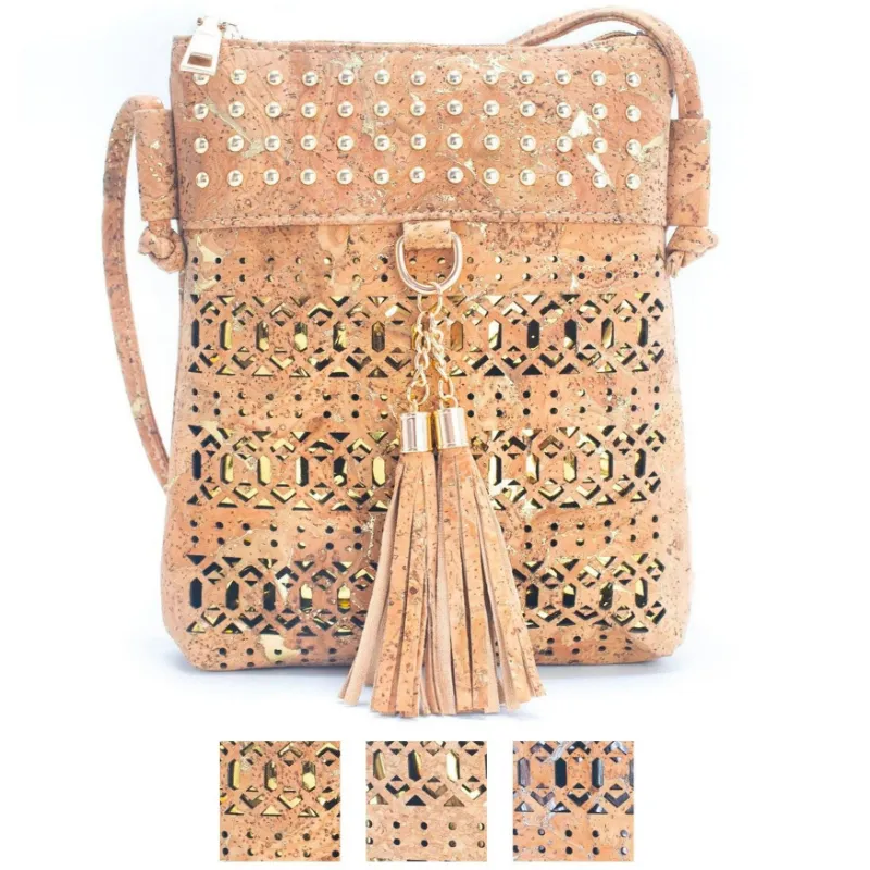 Corkadia Cork Crossbody Bag with Gold or Silver Accents showing cut-out design detail and organized storage compartments