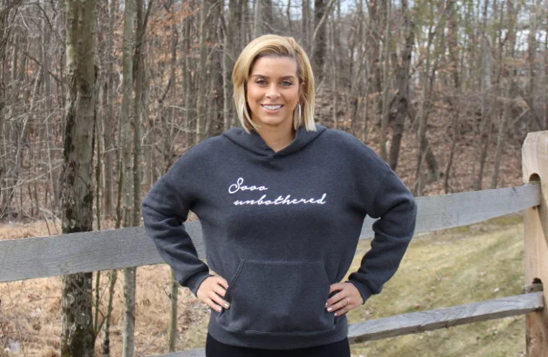 Embellished Sooo Unbothered Hoodie, dark grey heather pullover with white imprint and kangaroo pocket
