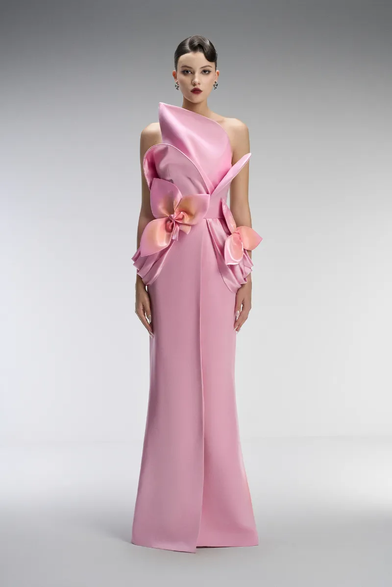 Kalisa Bella Couture Bandeau Maxi Dress With 3D Orchid Petal, maxi dress with dimensional floral details on bodice