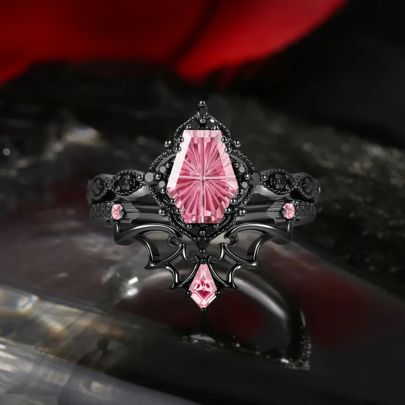 Starlandus 'Dark Romance' gothic fantasy-carved natural pink tourmaline engagement ring set in black gold