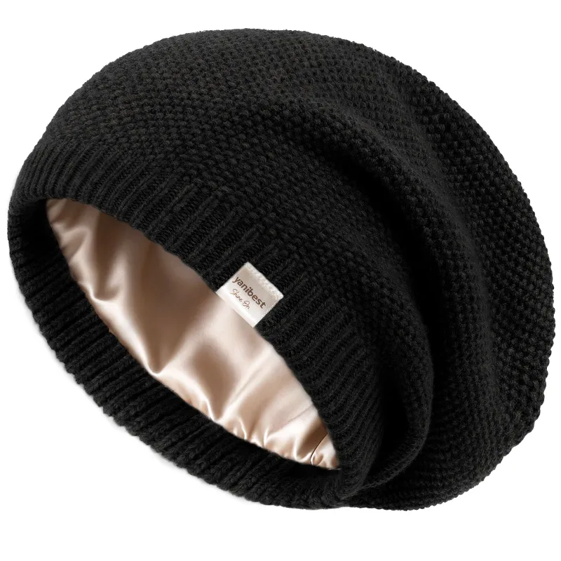 Yanibest Butter Satin Lined Slouchy Beanie in black showing the satin interior lining