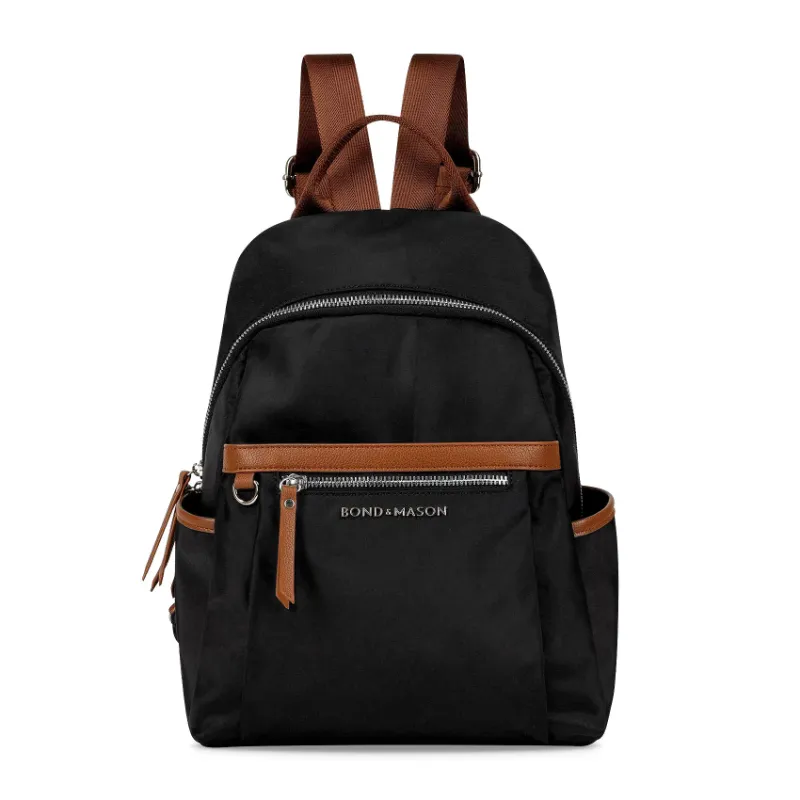 Bond & Mason The Eleanor Backpack showing a nylon and vegan leather backpack with silver-tone hardware