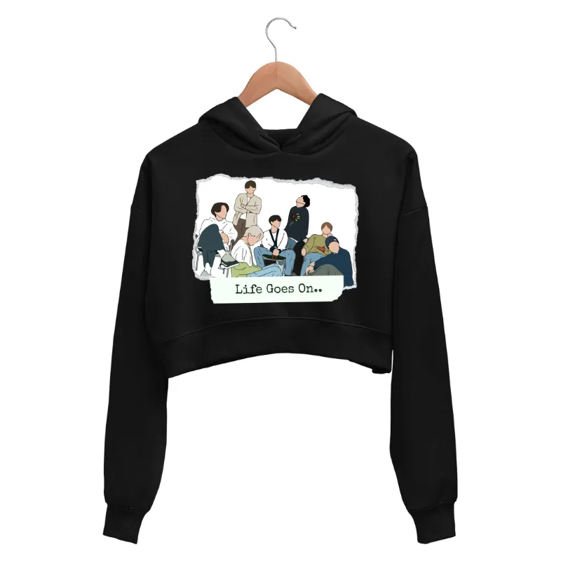 The Banyan Tee US BTS Crop Hoodie Life Goes On, cropped black hoodie with band graphics