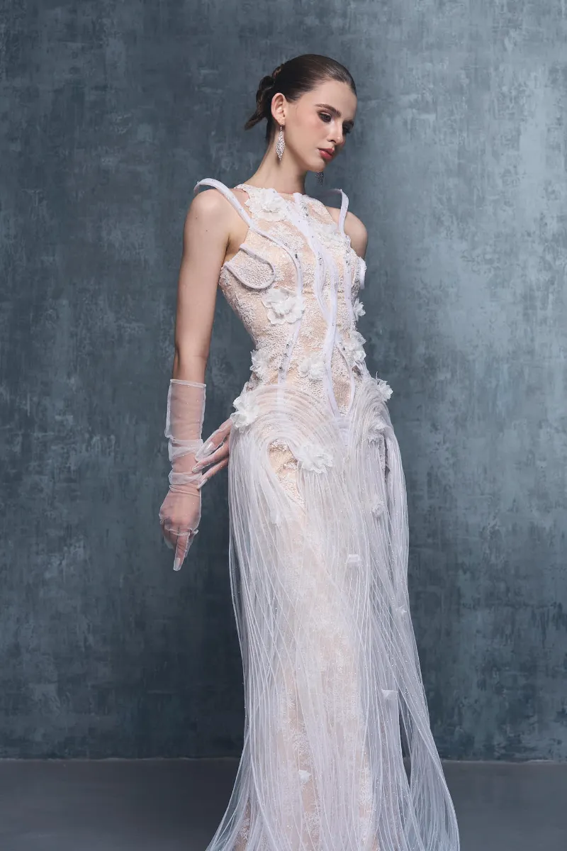 Kalisa Esther Couture Lace Round-Neck 3D Pleated Plissé Maxi Dress