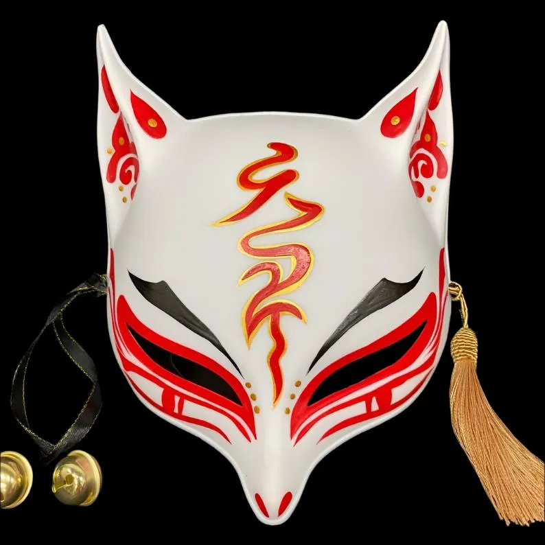 Foxtume Sharp Ears Kitsune Mask Demon in red and gold hand-painted design