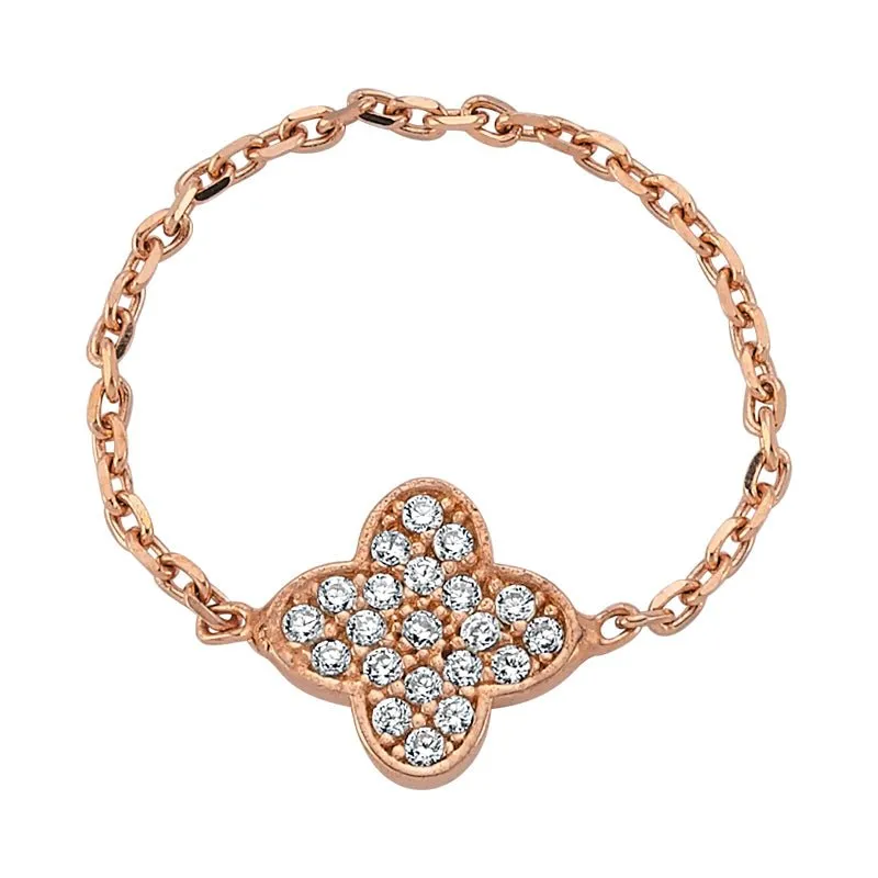 Amorium Jewelry Dainty Four Leaf Clover Chain Silver Ring with Crystals and rose gold finish