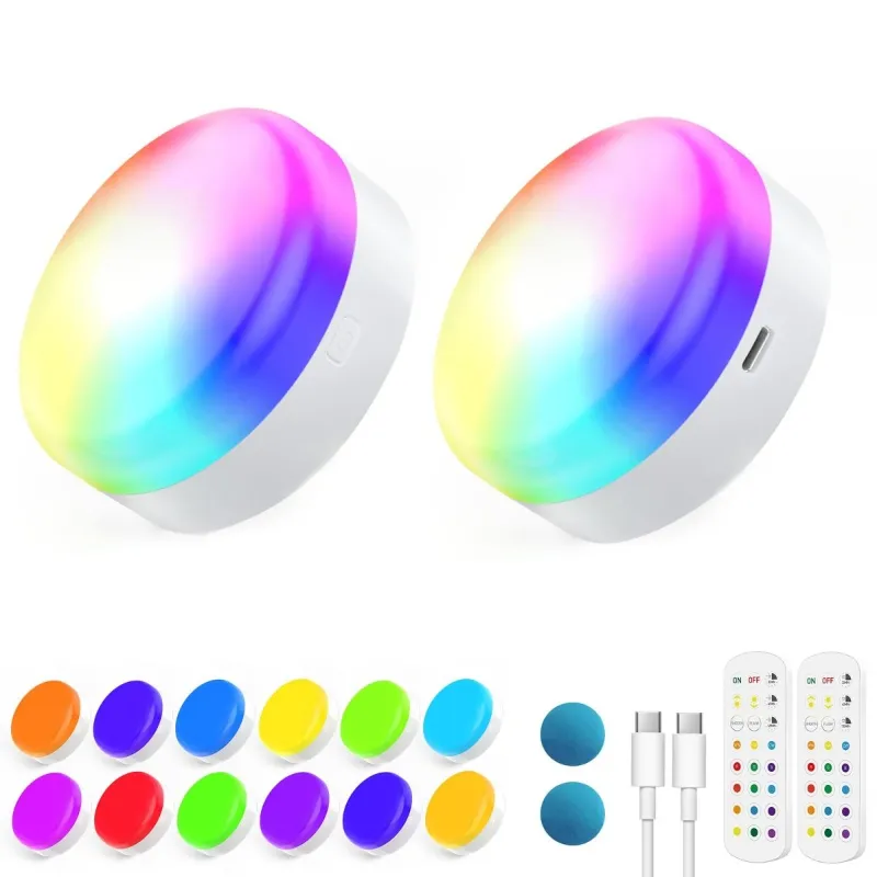 AIBOO 3000mAh Battery Rechargeable Light Bulbs Dimmable 12RGB CCT Color Changing Screw in Puck Light Bulbs 2 Pack
