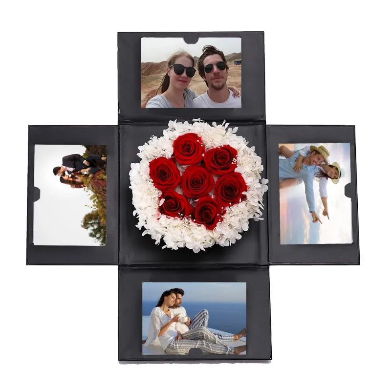 FabuLove Custom Eternal Rose Bouquet Box with preserved Ecuadorian roses and personalized photo panels
