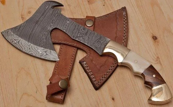 MyHackerTech Full Tang Damascus Steel Viking EDC Tomahawk with rosewood and brass handle