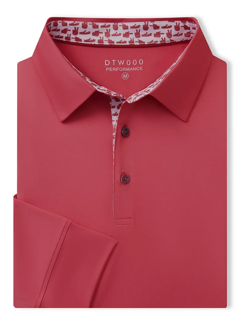DTWOOO Designed Collared Long Sleeve Golf Polo in cranberry red with structured collar