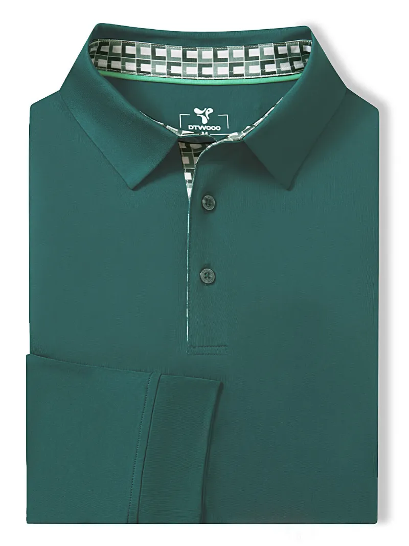 DTWOOO Designed Collared Long Sleeve Golf Polo in Nordic Pine Green, front view showing structured collar