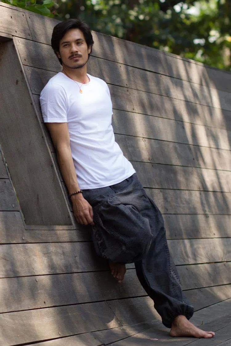Hippie Pants Dark Gray Vibe Pants, ethnic print menswear with front pockets