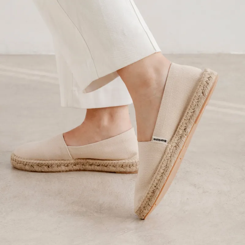 BIANKINA Mila Sustainable Vegan Canvas Espadrille Flats in Beige Tan, showing organic cotton espadrille
