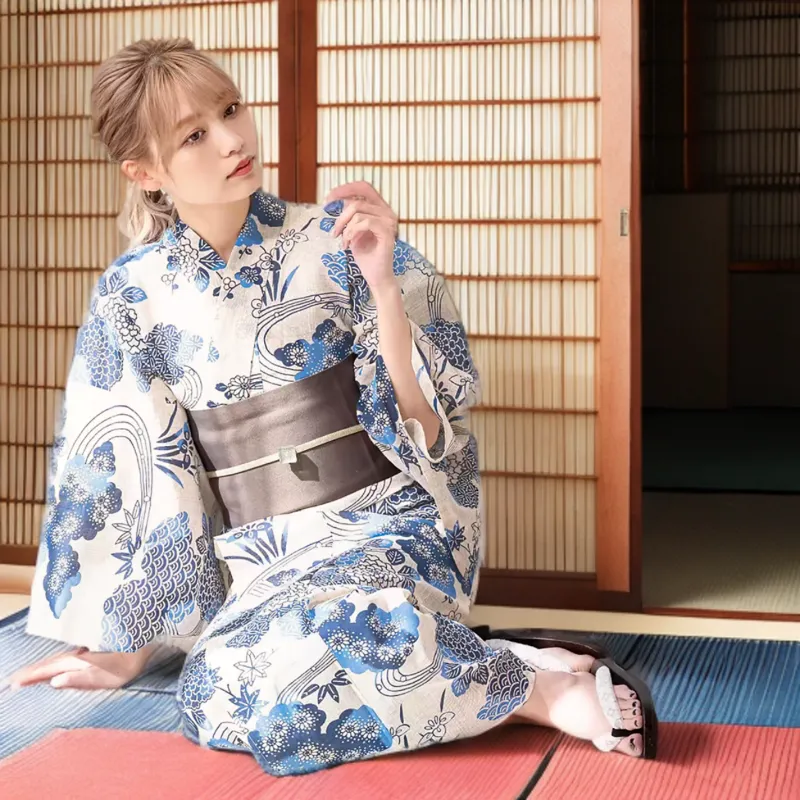 Foxtume Azure Bloom Women Komon Yukata with floral and wave pattern
