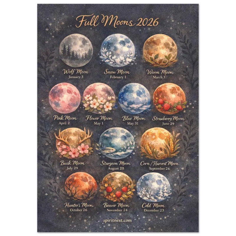 Spirit Nest 2026 Full Moons Classic Matte Paper Poster with lunar calendar and moon names