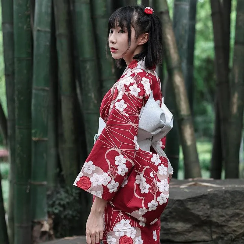 Foxtume Sakura Blossom Women Festival Yukata in red with sakura pattern and matching obi
