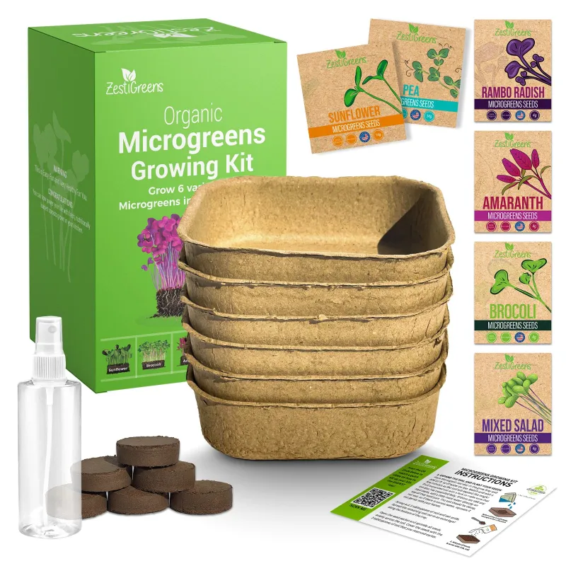 ZestiGreens soil microgreens growing kit with trays, coir pucks and seed packets