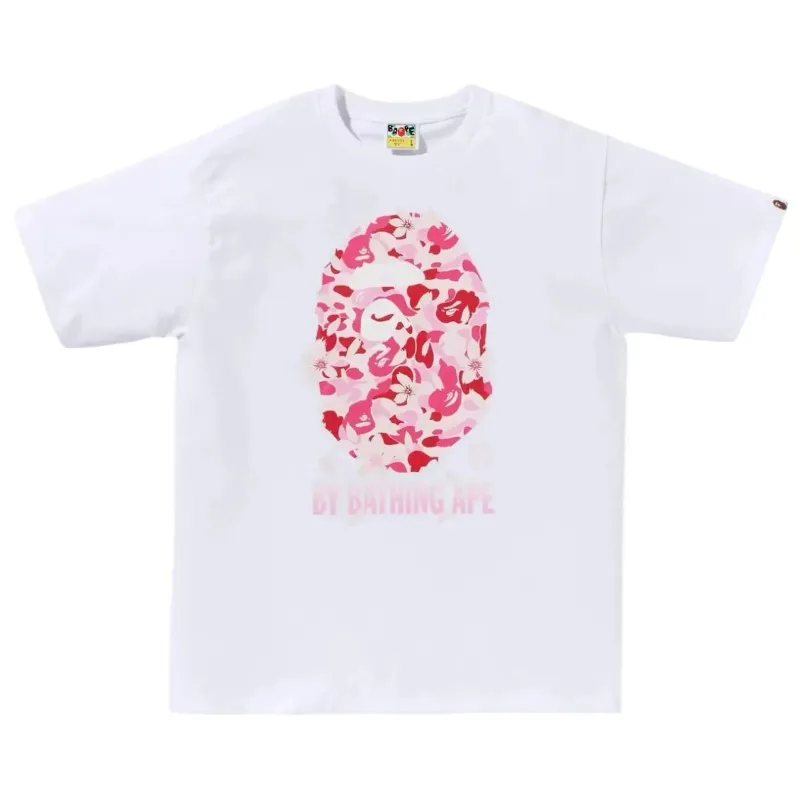AfewVibe BAPE ABC Sakura Camo By Bathing Ape Tee SS26 White, white short-sleeve tee with pink and red floral camouflage Ape Head