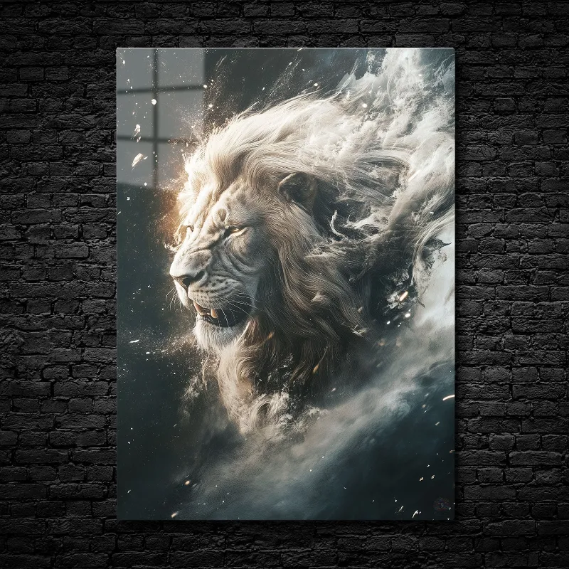 CruArt Celestial Majesty Metal Print showing detailed lion with cosmic swirling background