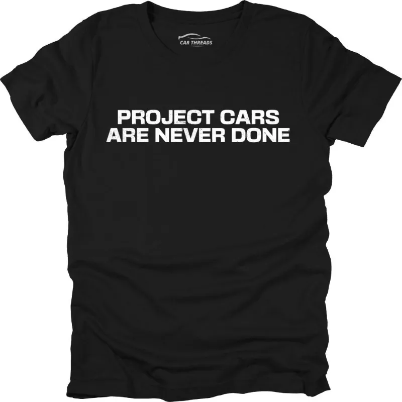 Car Threads Never Done t-shirt with minimalist car-themed design