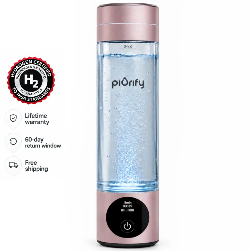 Piurify Hydrogenator Hydrogen Water Bottle in pink, portable hydrogen-infusing water bottle