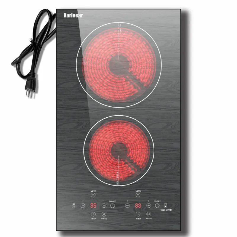 Karinear Appliances 12 Inch 2 Burner Plug in Portable Ceramic Cooktop - Wooden Pattern, glass cooktop with wood design aesthetic
