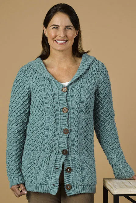 Kristen TenDyke Herdine hooded cardigan in merino wool with lattice cable texture and pockets