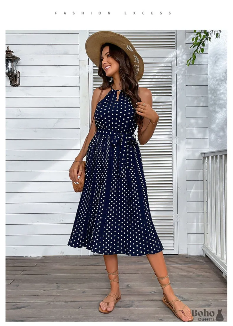 Boho Dress Boho Blue Sling Polka-dot Beach Midi Dress Jia, a sleeveless polka dot midi with hanging neck collar