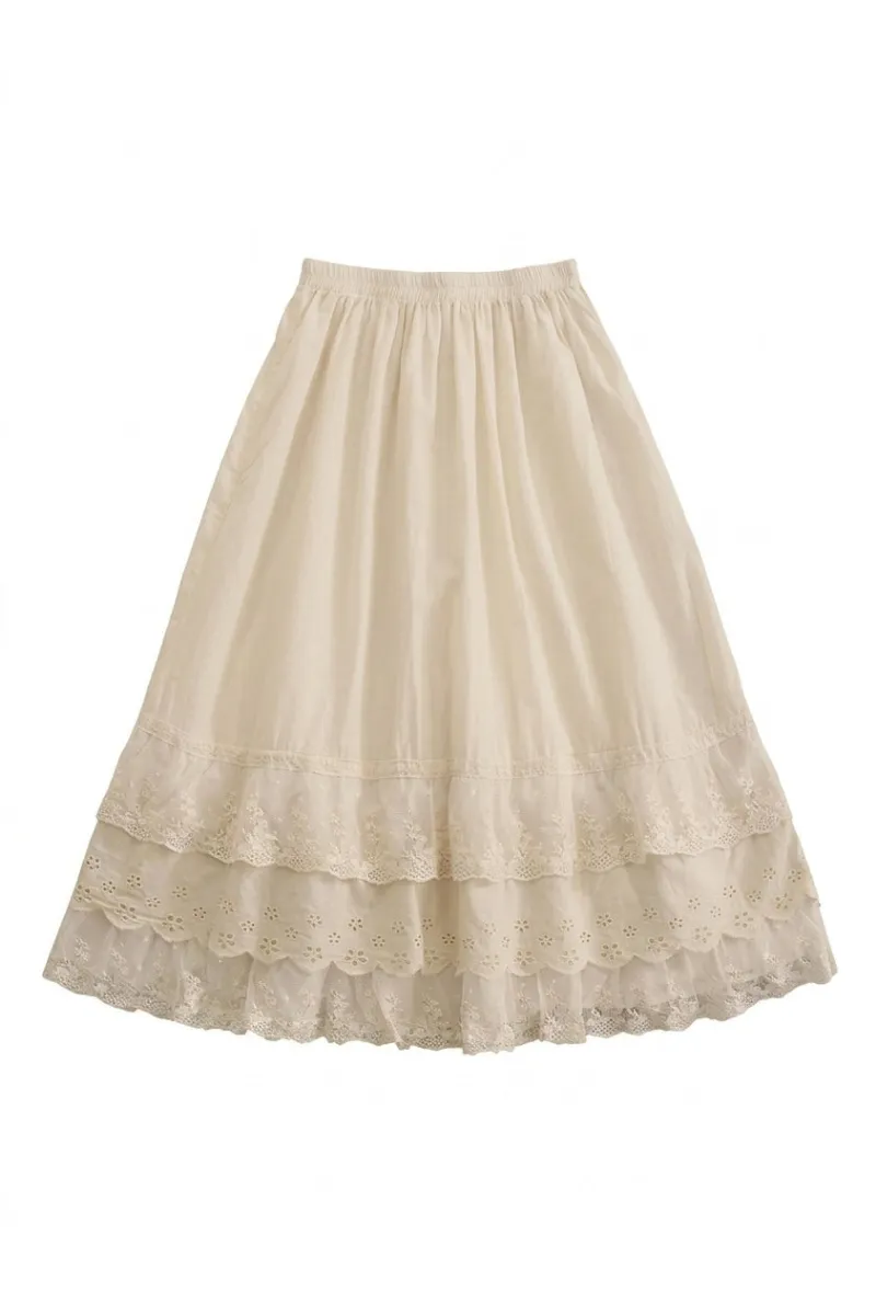 Cottagecore Clothes Cottagecore Broderie Anglaise Tiered Midi Skirt with three lace tiers