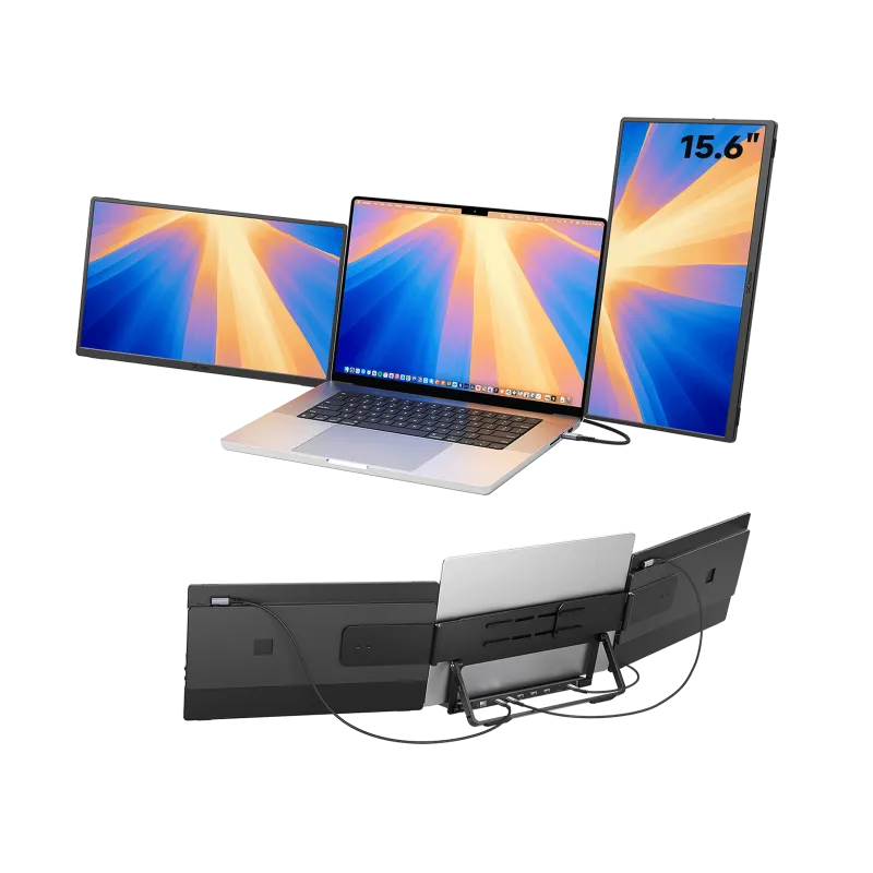 JSAUX FlipGo Horizon Snap-On Tri-screens showing three adjustable monitors in vertical configuration with magnetic connection