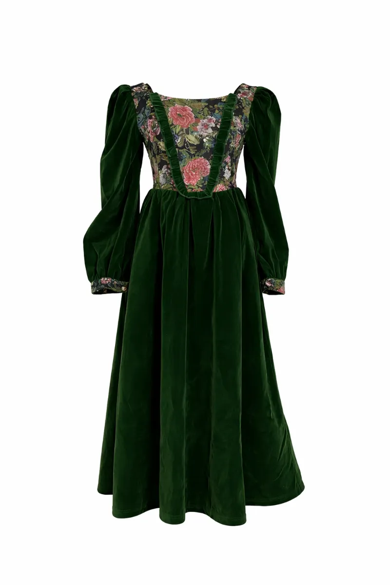 Cottagecore Clothes Dark Cottagecore Midnight Garden Velvet Dress in forest green with floral brocade bodice