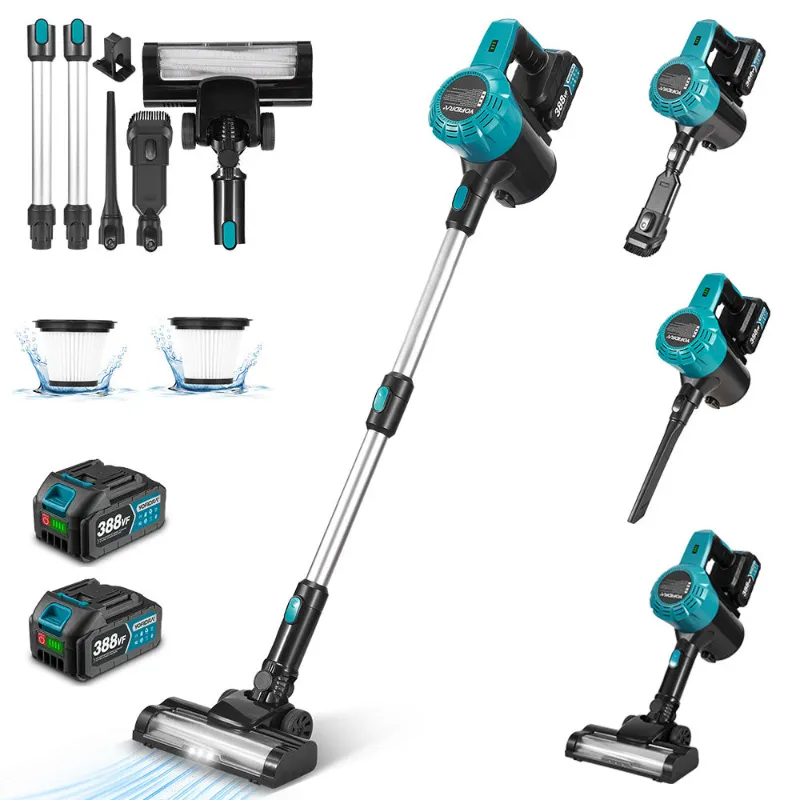 NewBeny 1600W Brushless Cordless Vacuum Cleaner with LED floor brush and 2 batteries, shown with attachments