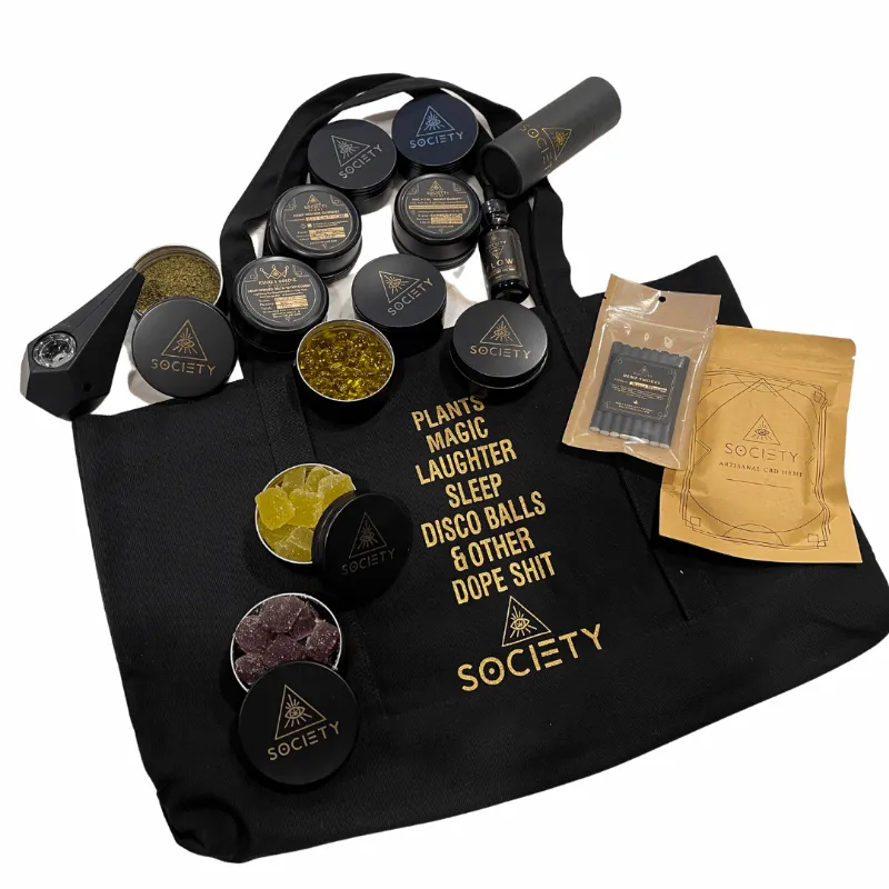Society's Plant Epic Cannabis Haul Goody Bag bundle of hemp gummies, flower, and accessories