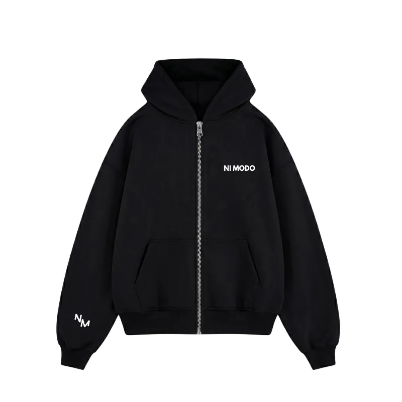 Nimodo Ni Modo Zip Up Hoodie in midnight black with front and back printed graphics