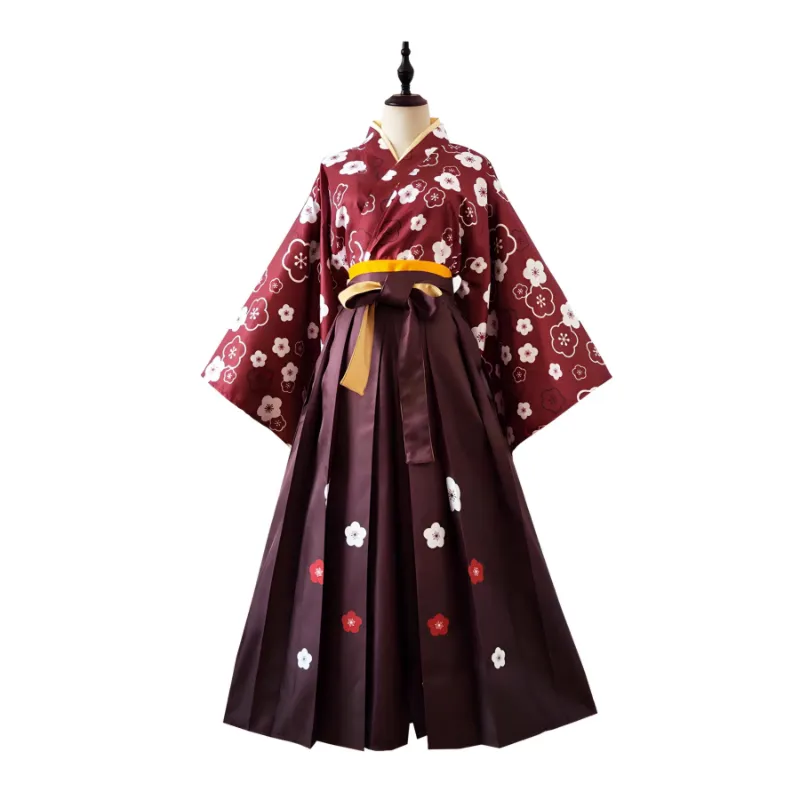 Foxtume Red Sakura Hakama Set with a red printed kimono top and burgundy pants on a model.