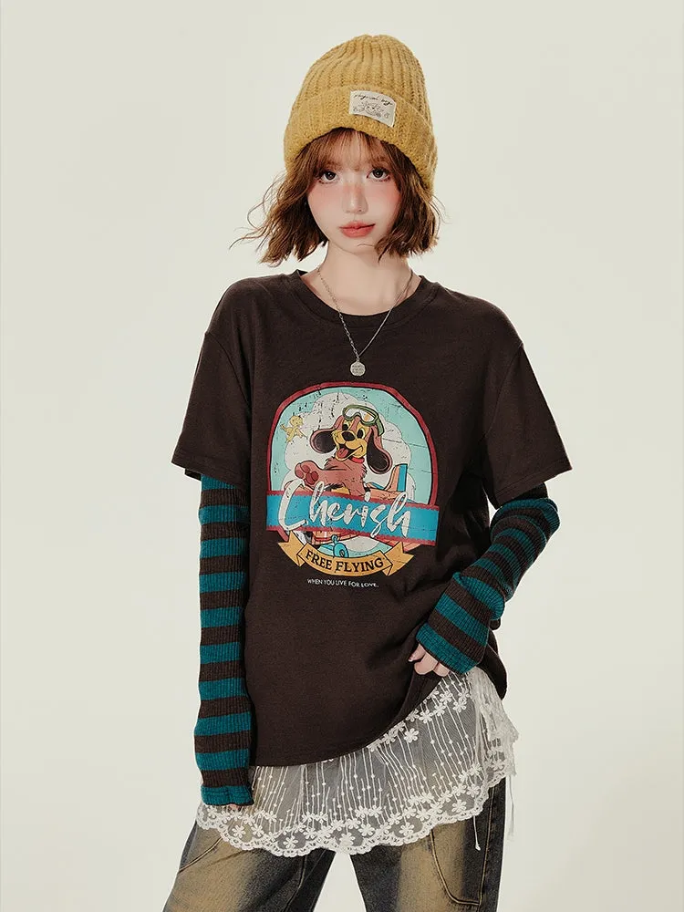 Juwas American Retro Puppy Pattern Round-Neck Long-Sleeve Spring Autumn T-Shirt front view showing puppy graphic.