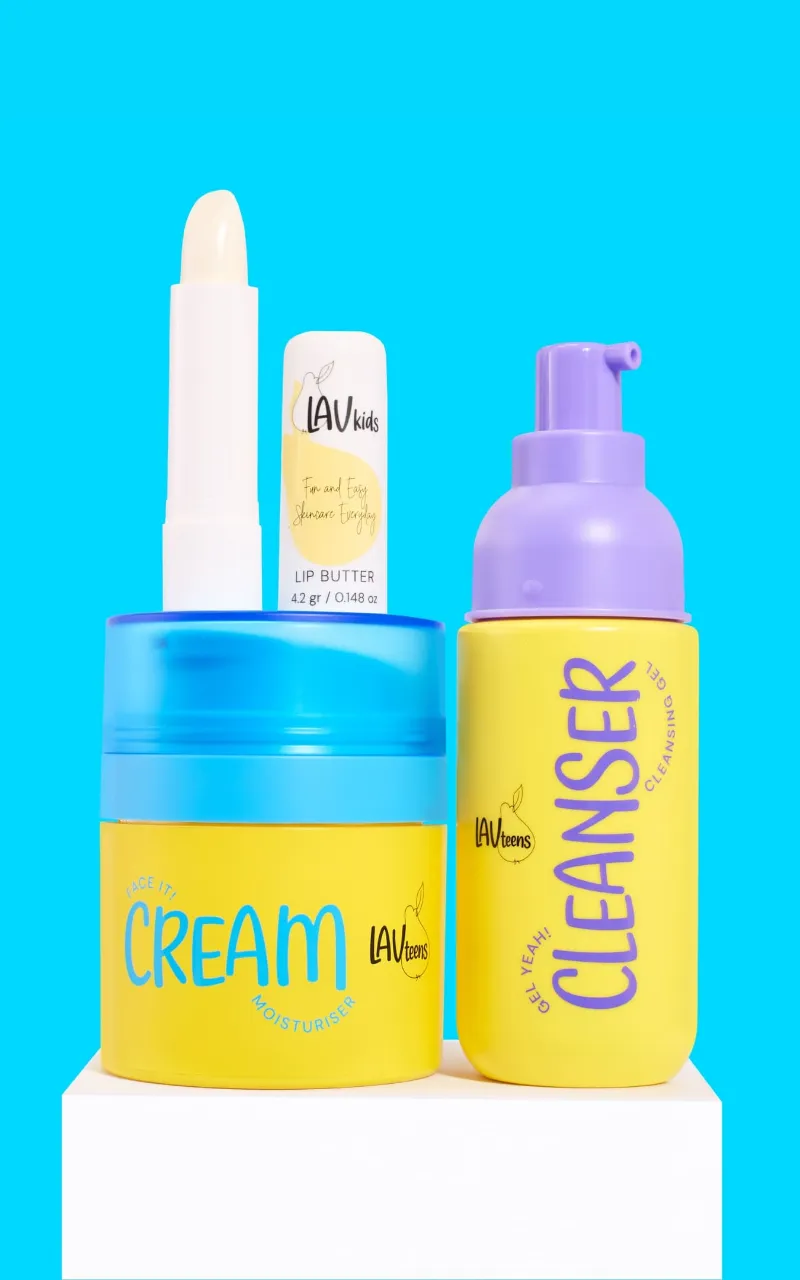 Lav Kids Teen Face Trio Gift Set, a three-piece teen skincare set with cleanser, moisturiser and lip butter